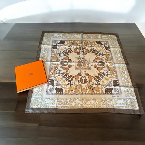 HERMES Scarf EARLY AMERICA by Francoise de la Perriere Tan Brown With Box - Picture 1 of 10